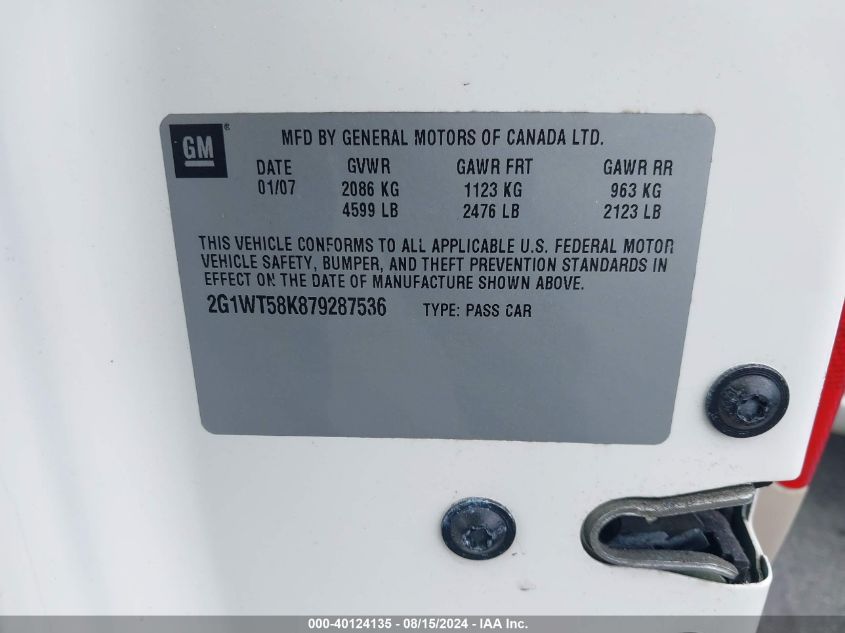2007 Chevrolet Impala Lt VIN: 2G1WT58K879287536 Lot: 40124135