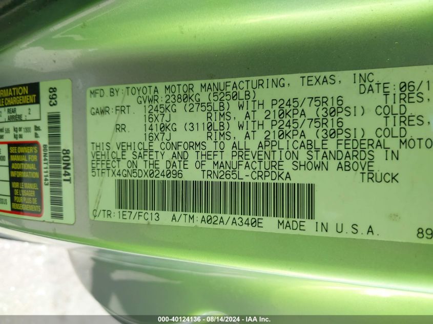 2013 Toyota Tacoma Prerunner VIN: 5TFTX4GN5DX024096 Lot: 40124136