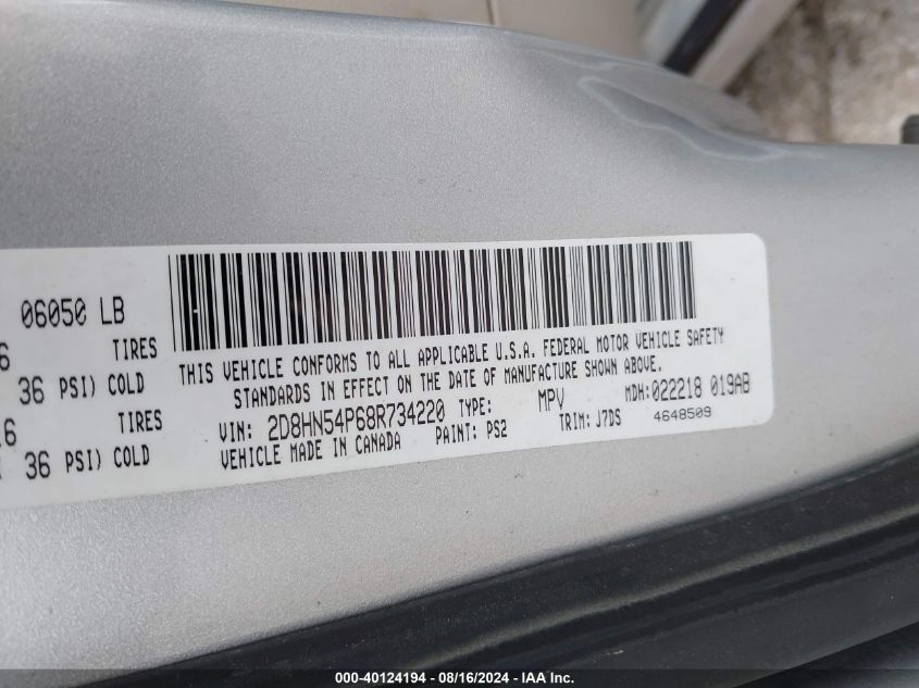 2008 Dodge Grand Caravan Sxt VIN: 2D8HN54P68R734220 Lot: 40124194