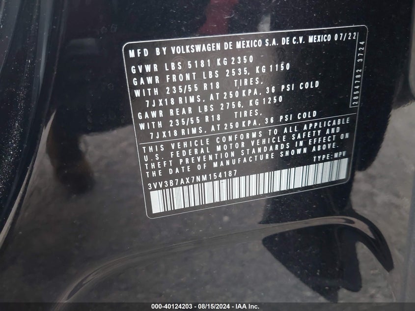 VIN 3VV3B7AX7NM154187 2022 VOLKSWAGEN TIGUAN 2.0T SE