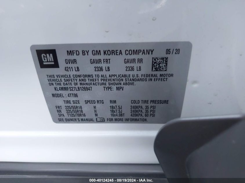 2020 Buick Encore Gx Fwd Essence VIN: KL4MMFS27LB126947 Lot: 40124245