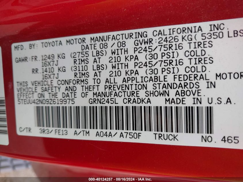 2009 Toyota Tacoma Base V6 VIN: 5TEUU42N09Z619975 Lot: 40124257