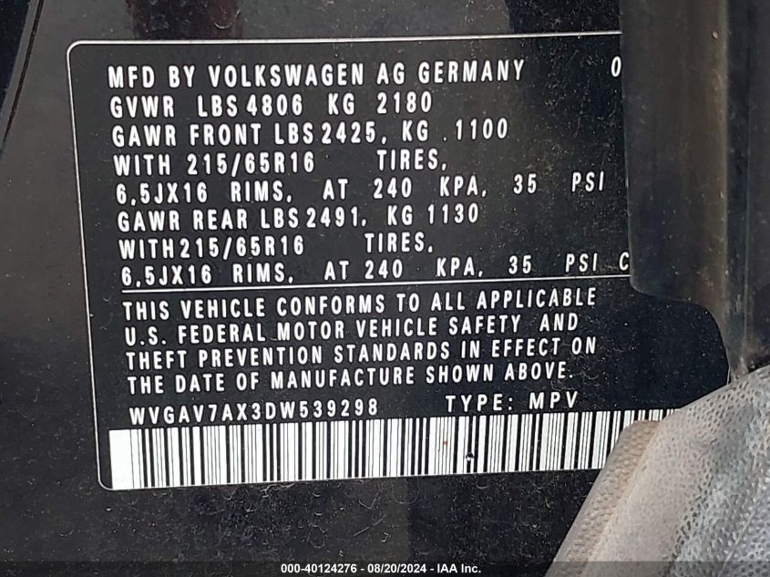 WVGAV7AX3DW539298 2013 Volkswagen Tiguan S