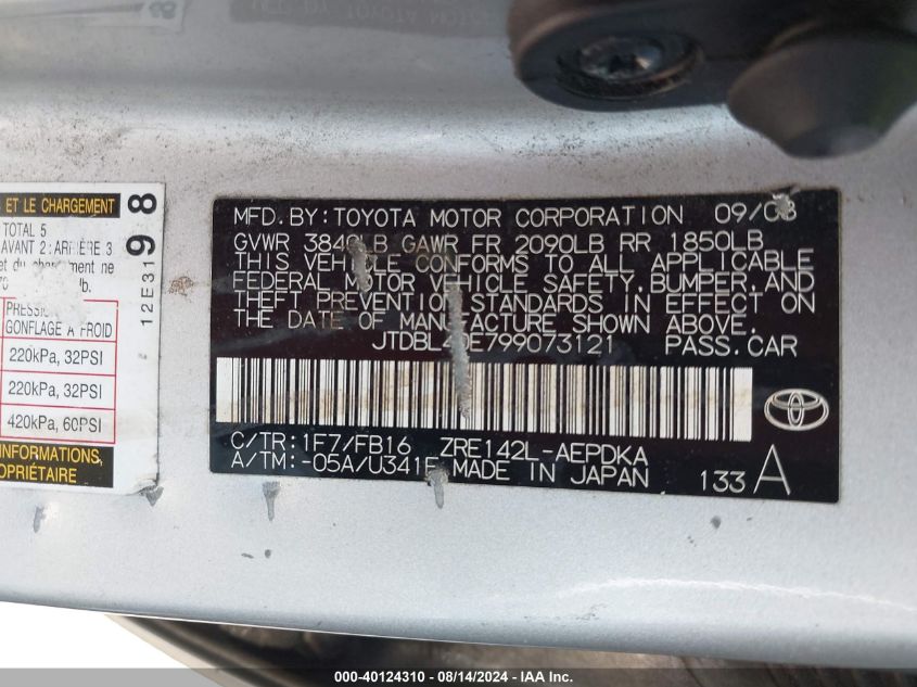 2009 Toyota Corolla Le VIN: JTDBL40E799073121 Lot: 40124310