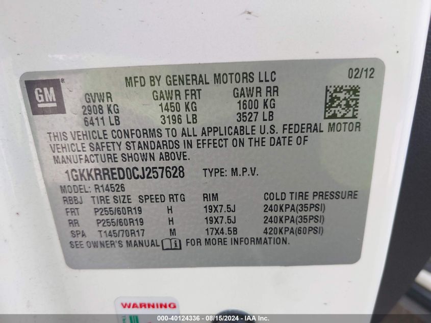 2012 GMC Acadia Slt-1 VIN: 1GKKRRED0CJ257628 Lot: 40124336