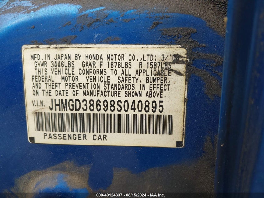 2008 Honda Fit Sport VIN: JHMGD38698S040895 Lot: 40124337