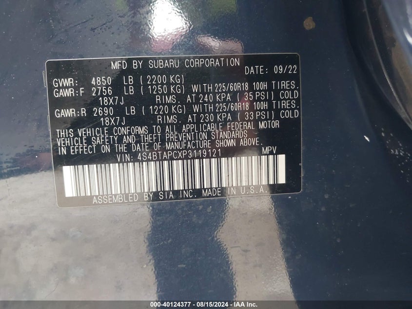 2023 SUBARU OUTBACK 2.5L H-4 DI, DOHC, V(VIN: 4S4BTAPCXP3119121