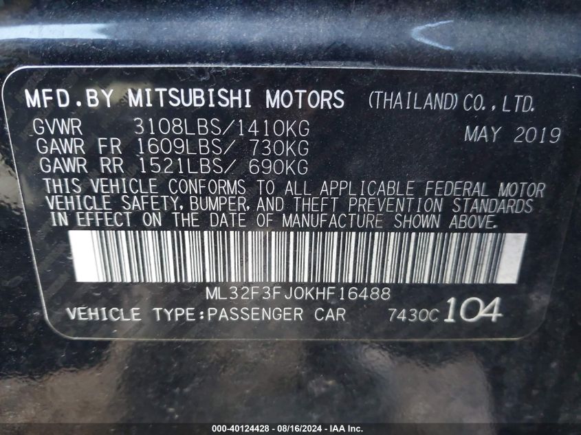 2019 Mitsubishi Mirage G4 Es VIN: ML32F3FJ0KHF16488 Lot: 40124428