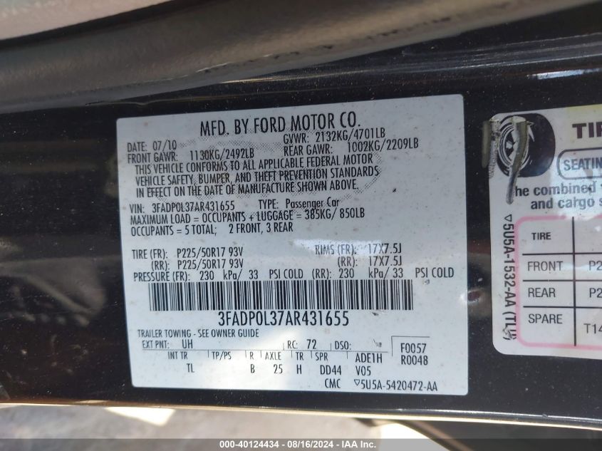 2010 Ford Fusion Hybrid VIN: 3FADP0L37AR431655 Lot: 40124434