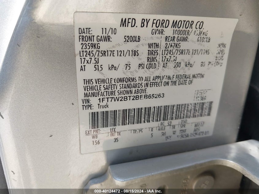 2011 Ford F-250 Xlt VIN: 1FT7W2BT2BEB65263 Lot: 40124472