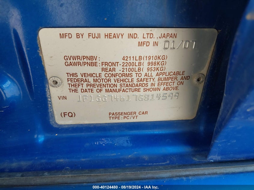 2007 Subaru Impreza Wrx VIN: JF1GG74617G814599 Lot: 40124480