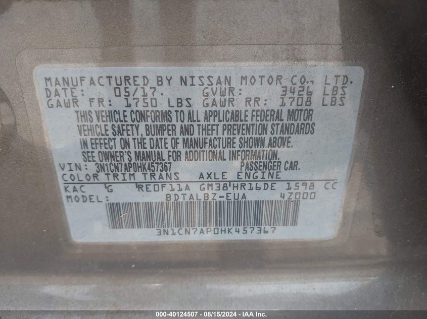 2017 Nissan Versa 1.6 Sv VIN: 3N1CN7AP0HK457367 Lot: 40124507