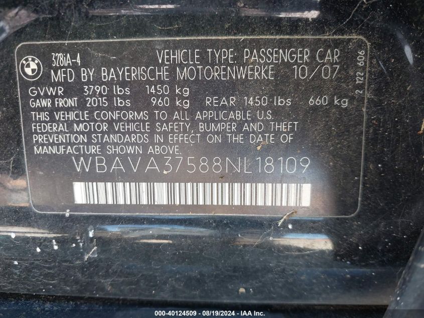 2008 BMW 328I VIN: WBAVA37588NL18109 Lot: 40124509