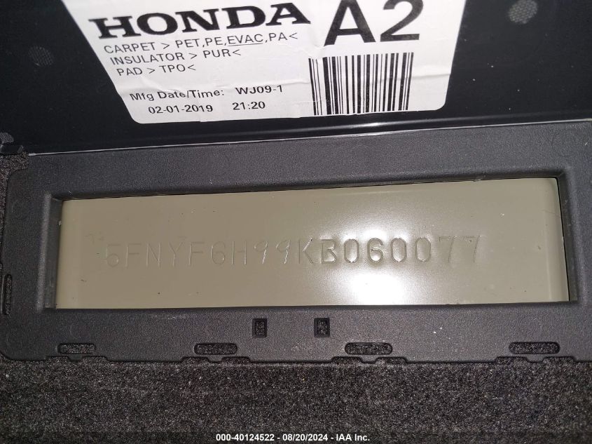 2019 Honda Pilot Touring VIN: 5FNYF6H99KB060077 Lot: 40124522