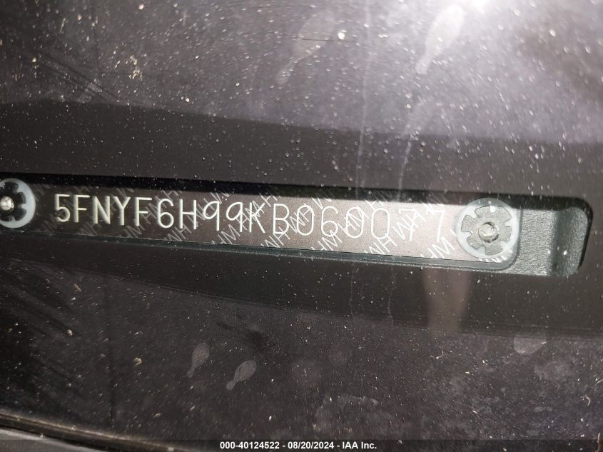 2019 Honda Pilot Touring VIN: 5FNYF6H99KB060077 Lot: 40124522