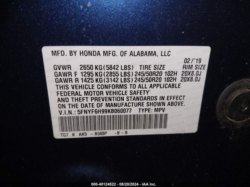 2019 Honda Pilot Touring VIN: 5FNYF6H99KB060077 Lot: 40124522