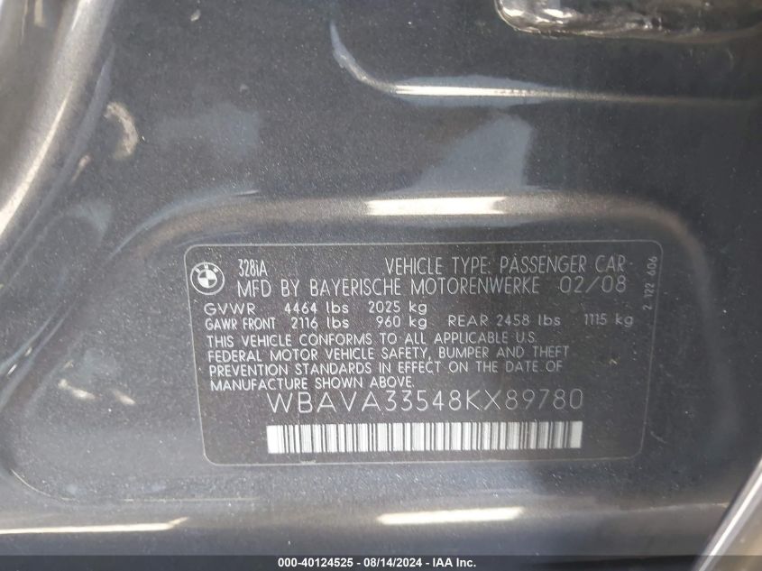 2008 BMW 328I VIN: WBAVA33548KX89780 Lot: 40124525