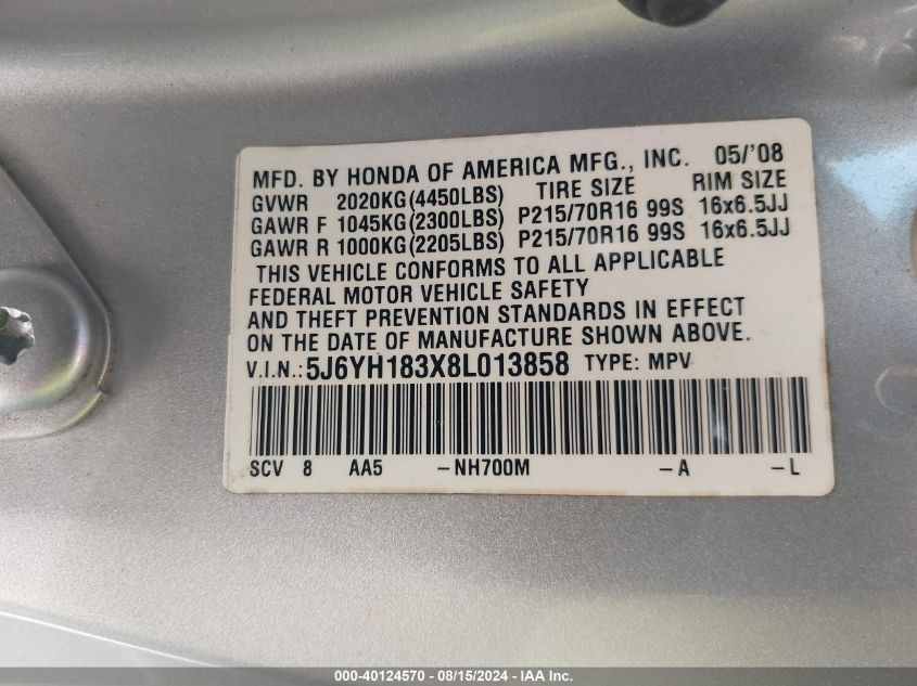 2008 Honda Element Lx VIN: 5J6YH183X8L013858 Lot: 40124570