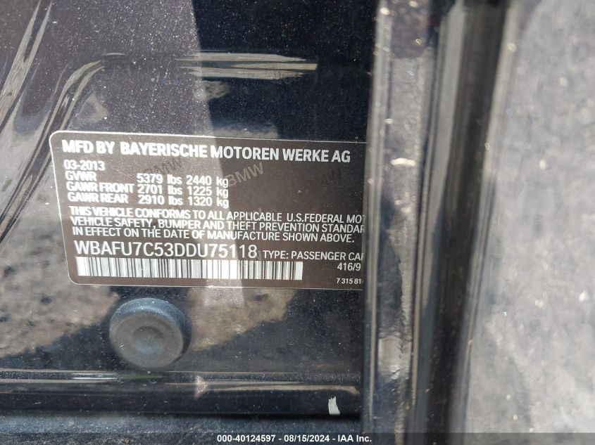 2013 BMW 535I xDrive VIN: WBAFU7C53DDU75118 Lot: 40124597