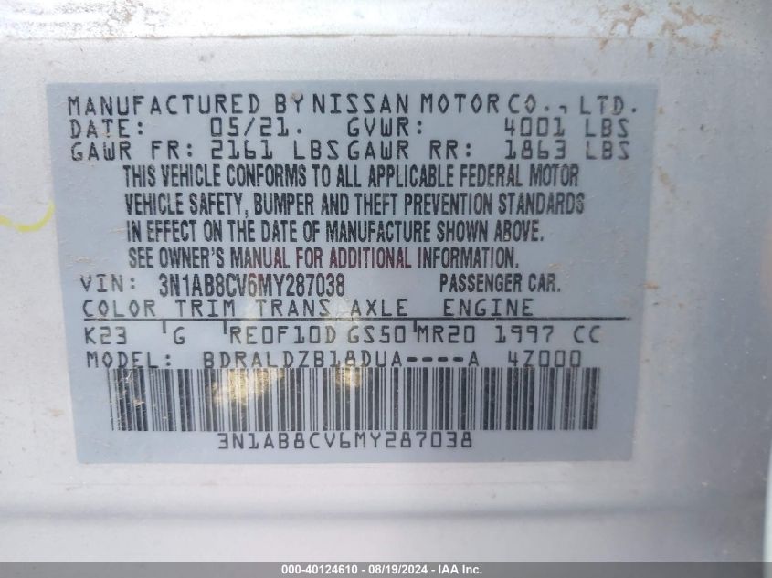 2021 Nissan Sentra Sv Xtronic Cvt VIN: 3N1AB8CV6MY287038 Lot: 40124610