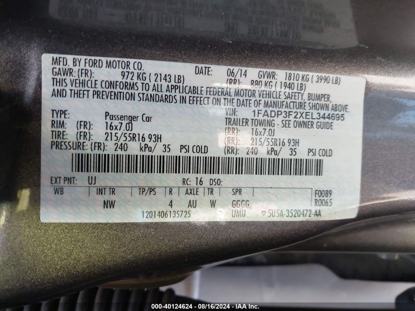 1FADP3F2XEL344695 2014 Ford Focus Se