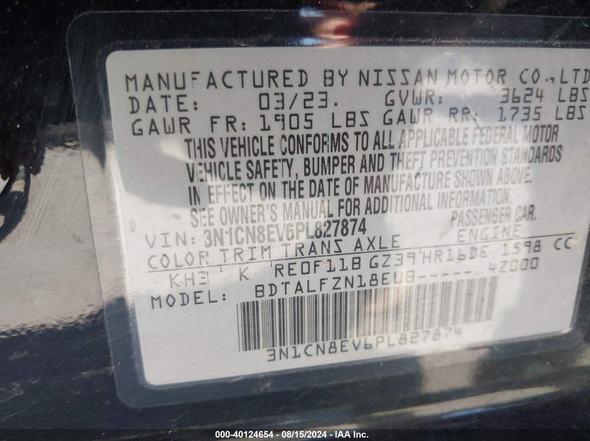 2023 Nissan Versa 1.6 Sv Xtronic Cvt VIN: 3N1CN8EV6PL827874 Lot: 40124654