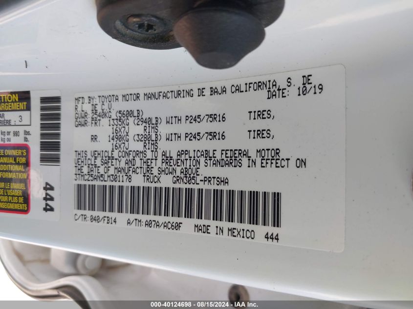 2020 Toyota Tacoma Sr V6 VIN: 3TMCZ5AN5LM301178 Lot: 40124698