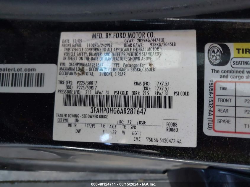 2010 Ford Fusion Se VIN: 3FAHP0HG6AR281647 Lot: 40124711