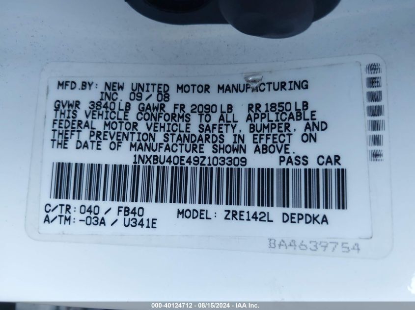 2009 Toyota Corolla Le VIN: 1NXBU40E49Z103309 Lot: 40124712