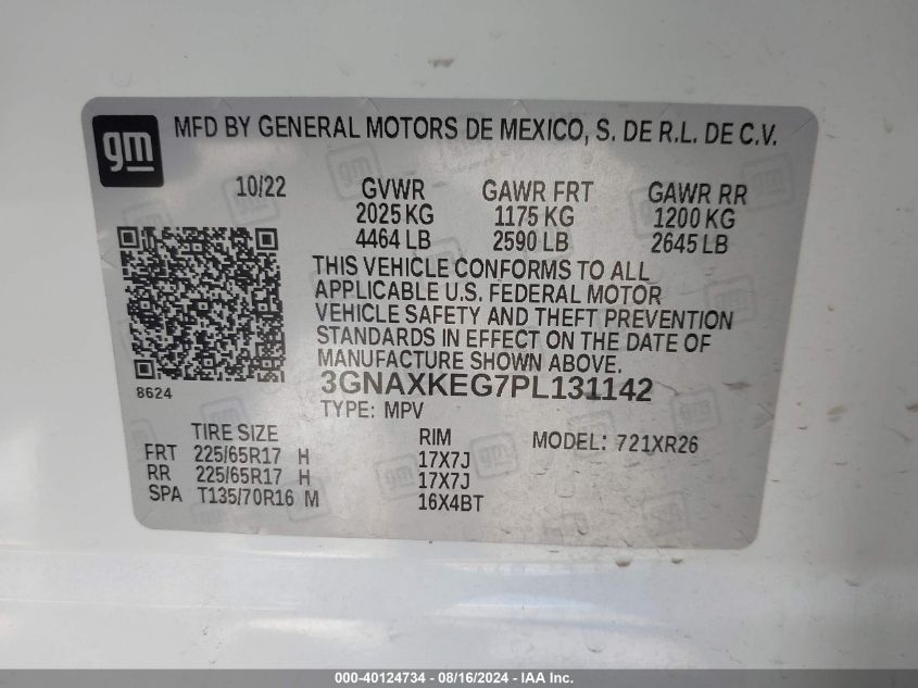 2023 Chevrolet Equinox Fwd Lt VIN: 3GNAXKEG7PL131142 Lot: 40124734