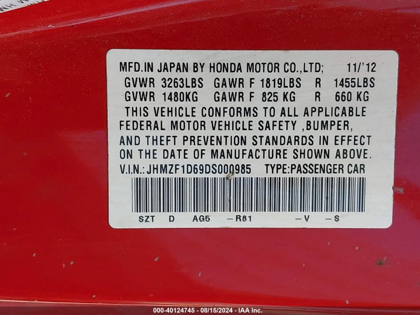 JHMZF1D69DS000985 2013 Honda Cr-Z Ex