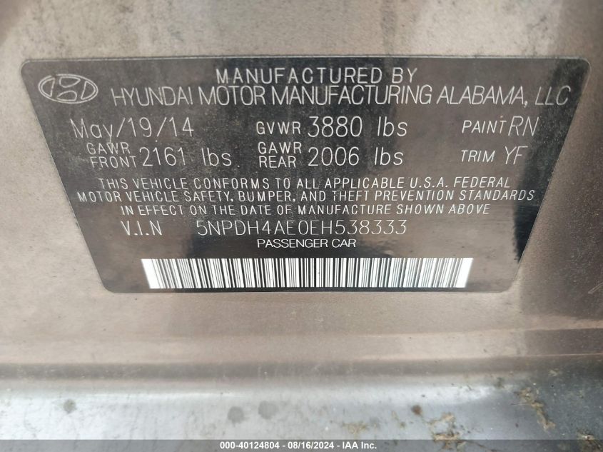 2014 Hyundai Elantra Se VIN: 5NPDH4AE0EH538333 Lot: 40124804