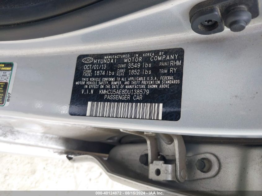 2013 Hyundai Accent Se VIN: KMHCU5AE8DU138579 Lot: 40124872