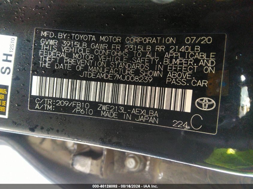 JTDEAMDE7MJ008239 2021 Toyota Corolla Hybrid Le