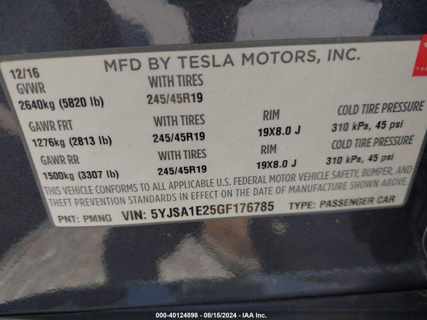 2016 Tesla Model S 60D/70D/75D/85D/90D VIN: 5YJSA1E25GF176785 Lot: 40124898