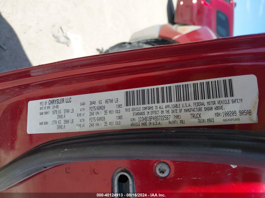 2009 Dodge Ram 1500 Slt VIN: 1D3HB18P49S722567 Lot: 40124913