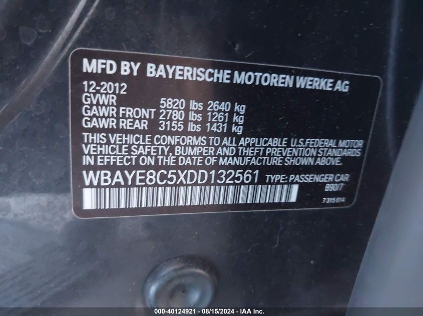 2013 BMW 750Li VIN: WBAYE8C5XDD132561 Lot: 40124921