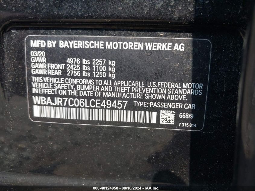 WBAJR7C06LCE49457 2020 BMW 530I xDrive