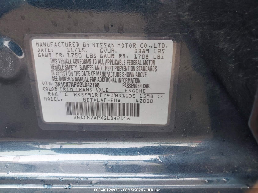 2016 NISSAN VERSA 1.6 S - 3N1CN7APXGL842198