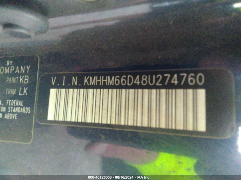 2008 Hyundai Tiburon Gs VIN: KMHHM66D48U274760 Lot: 40125008