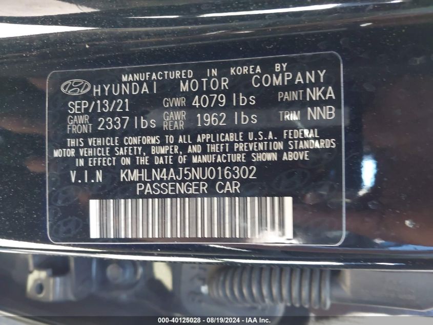 2022 Hyundai Elantra Hybrid Limited VIN: KMHLN4AJ5NU016302 Lot: 40125028