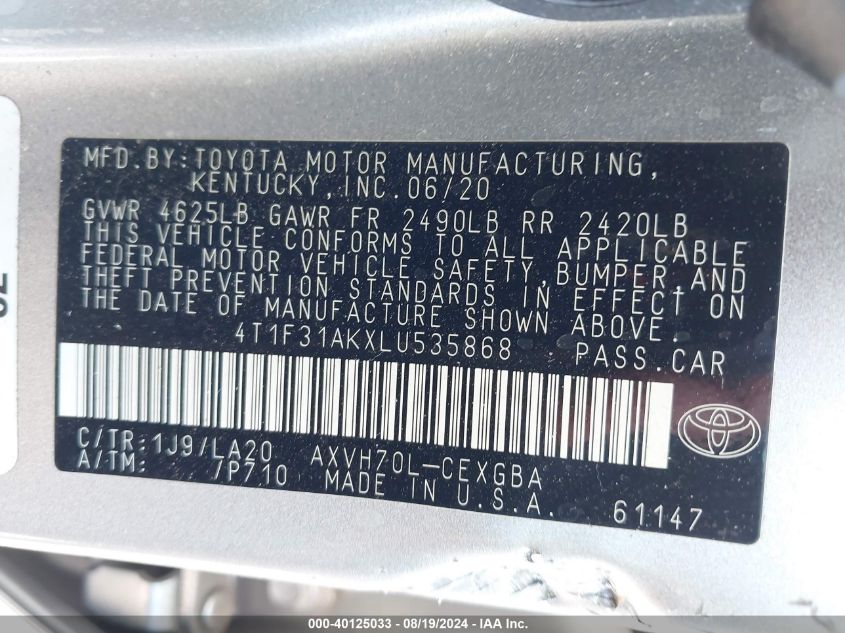 2020 Toyota Camry Xle Hybrid VIN: 4T1F31AKXLU535868 Lot: 40453232