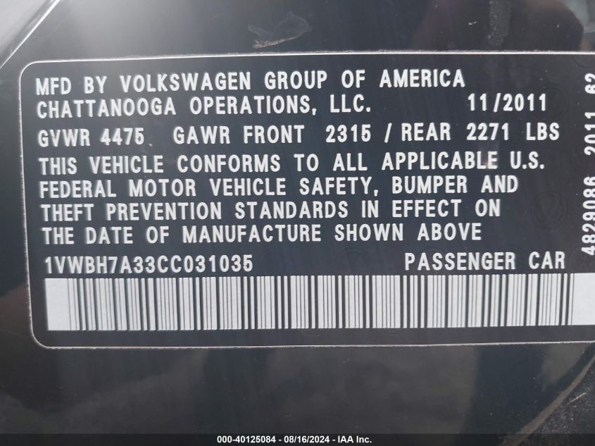 2012 Volkswagen Passat 2.5L Se VIN: 1VWBH7A33CC031035 Lot: 40125084