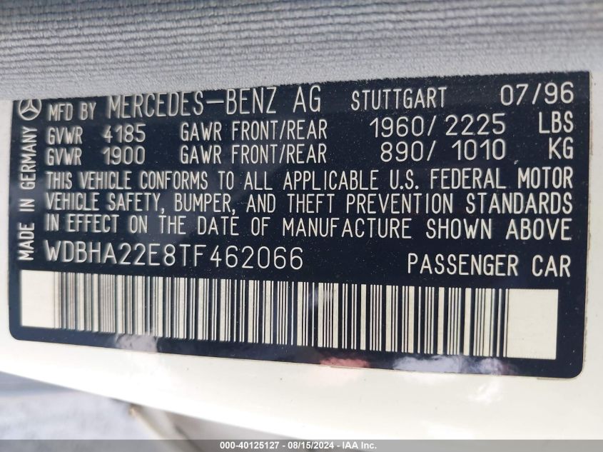 1996 Mercedes-Benz C 220 VIN: WDBHA22E8TF462066 Lot: 40125127