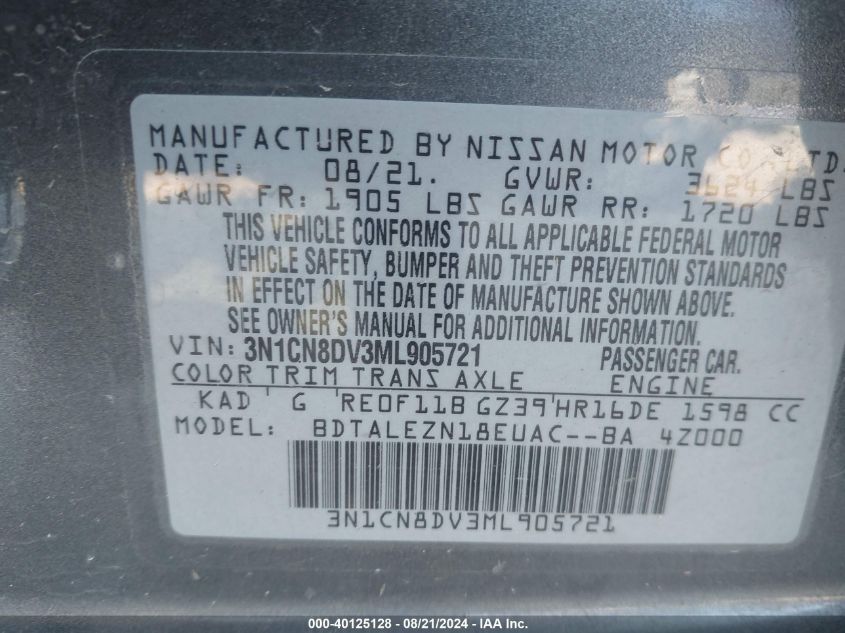 2021 Nissan Versa S VIN: 3N1CN8DV3ML905721 Lot: 40125128