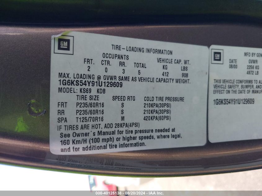 2001 Cadillac Seville Sls W/Tx7 VIN: 1G6KS54Y91U129609 Lot: 40125138