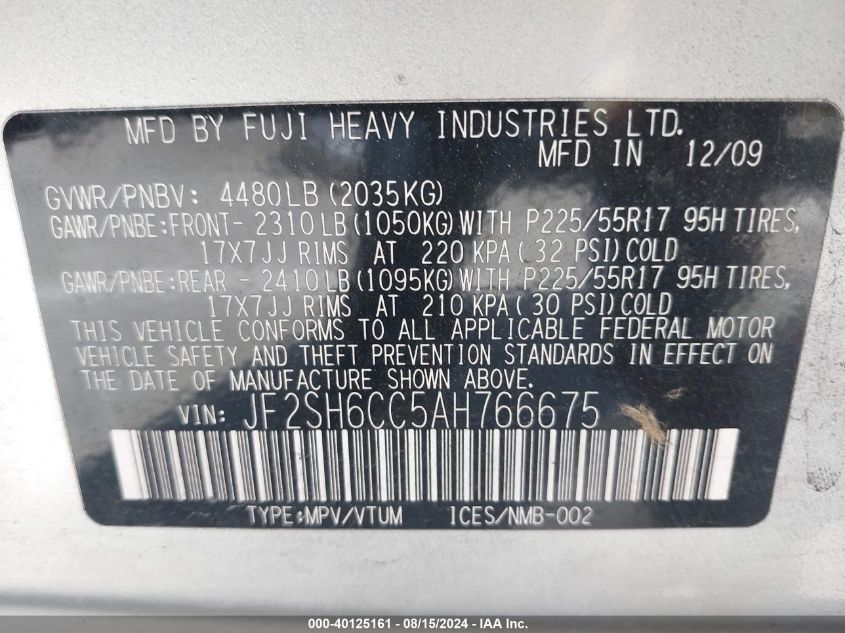 2010 Subaru Forester 2.5X Premium VIN: JF2SH6CC5AH766675 Lot: 40125161