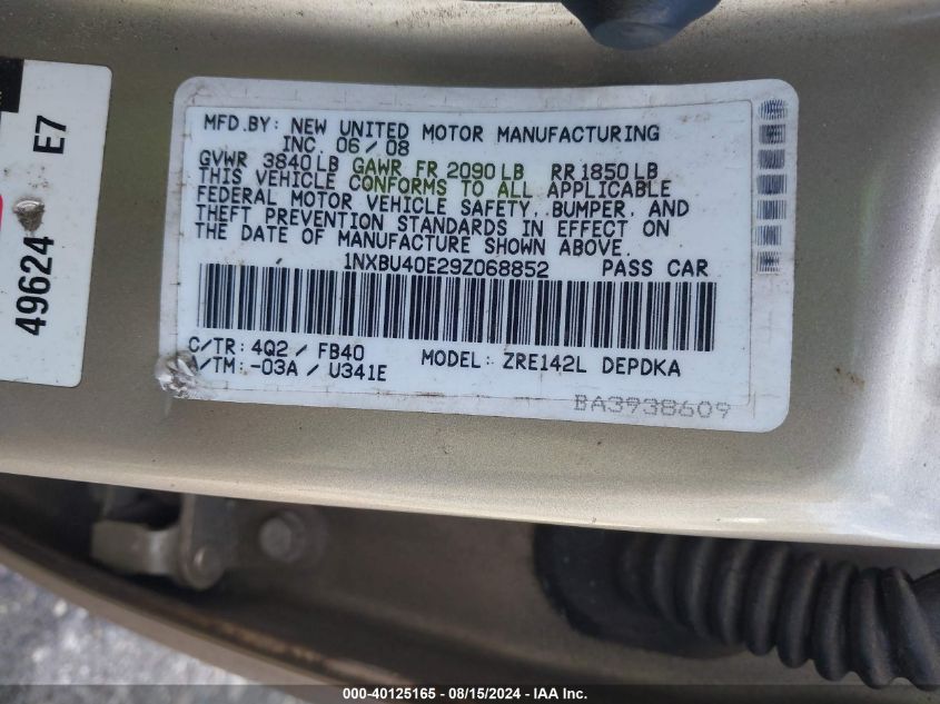 2009 Toyota Corolla Le VIN: 1NXBU40E29Z068852 Lot: 40125165