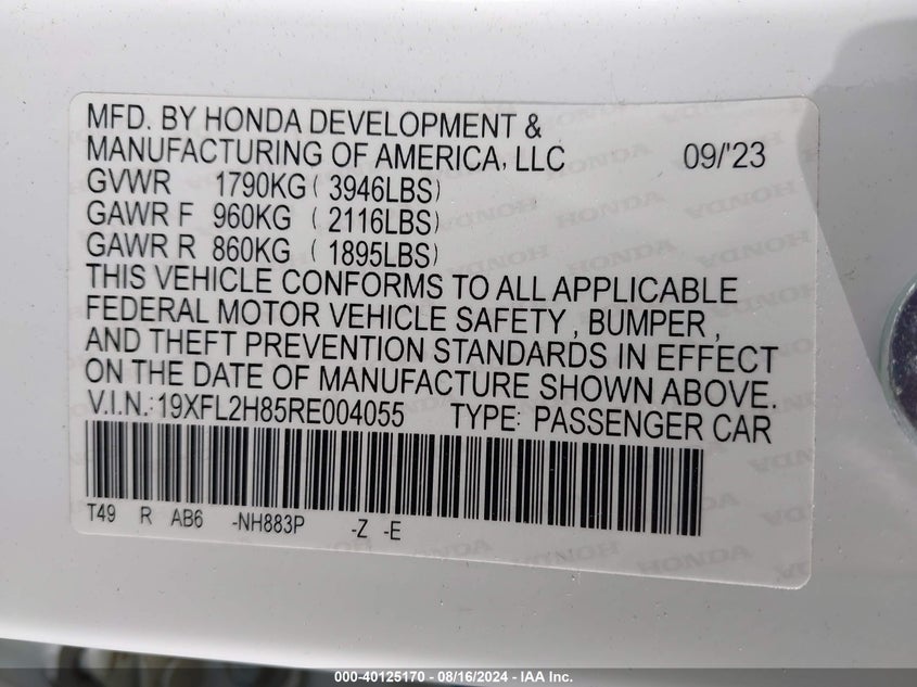 VIN 19XFL2H85RE004055 2024 HONDA CIVIC SPORT