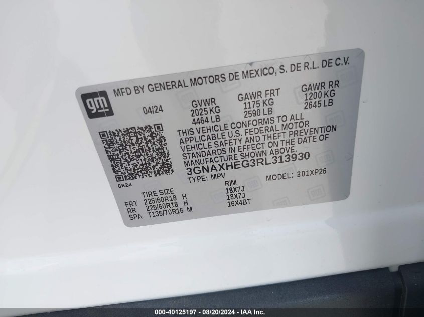 2024 Chevrolet Equinox Ls VIN: 3GNAXHEG3RL313930 Lot: 40125197